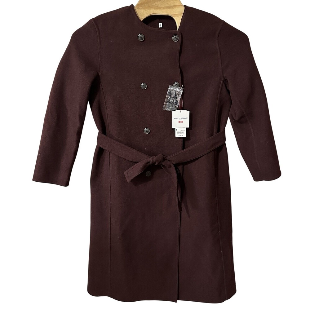 NEW Uniqlo Women's Small Wool Blend Coat Wine Burgundy Double Breasted Tie Waist